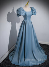 A-Line Blue Satin Short Sleeves Long Party Dress, Blue Short Sleeves Semi Formal Prom Dress